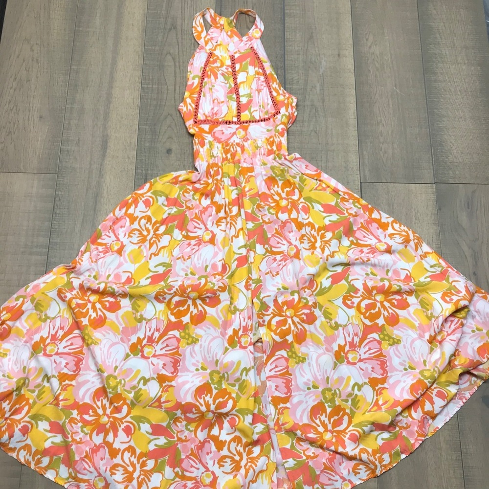 Abel‎ the Label Dress Womens Size S Orange Floral Maxi Spring Easter Tie Back